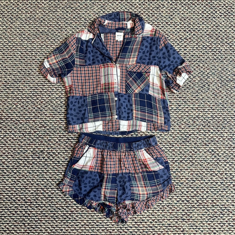 Aerie Patchwork Plaid Leopard Ruffle Pajama Top & Shorts Multicolor Sz S Sleep